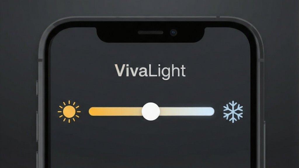 һ��չʾVivaLightɫ�µ��ڹ��ܵ�ʾ��ͼ����������Ϊ�ֻ���Ļ��д����Ļ����ʾɫ�µ��ڻ����ů��ɫ���䵽���ɫ�������Ϸ���ע��VivaLight���������ƣ�����Ϊ���жԳ�ʽ�����Ϊ��ƽ���Ƽ�UI��ƣ�ϸ���ϻ������˷ֱ���̫����ѩ��ͼ�꣬����Ϊ���ɫ���䣬���ʸ��壬�ɾ������޶���Ԫ��