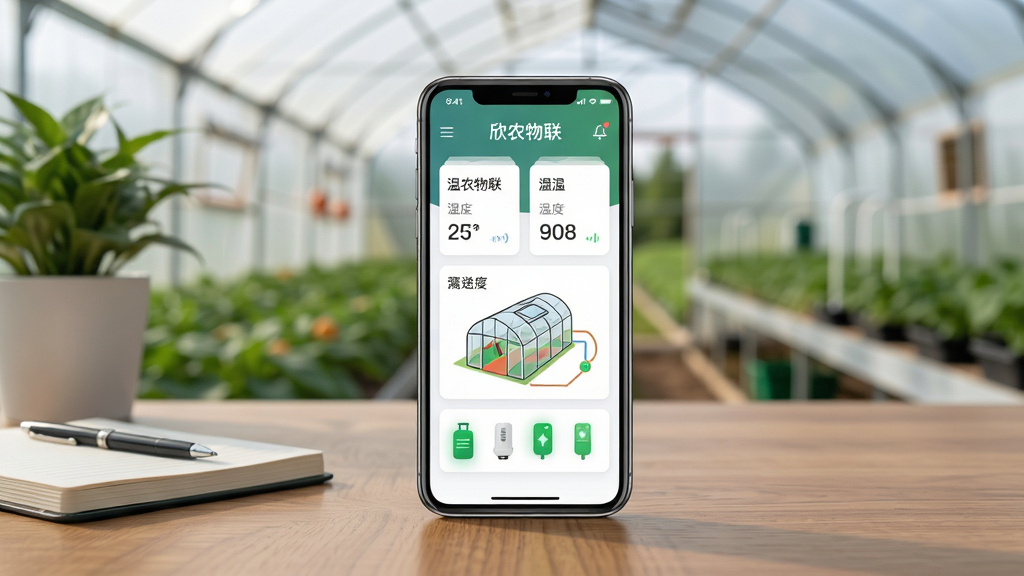 画面主体为一台放在木质桌面上的智能手机,手机屏幕显示“欣农物联”应用主界面,界面中有温湿度数据卡片、大棚示意图和绿色设备状态图标;布局为手机居中、背景是虚化的温室大棚内景,左侧摆放一盆绿植和记录本;排版简洁,屏幕内容清晰可见;风格为写实产品摄影风,光线柔和自然;细节包括手机边框反光、桌面木纹、大棚薄膜透光感;画质清晰,干净,无多余元素