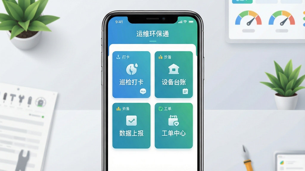 一张展示“运维环保通”手机应用主界面的产品示意图,画面中央是一部竖屏智能手机,屏幕内呈现蓝绿色调的环保运维管理首页,包含巡检打卡、设备台账、数据上报、工单中心四个功能卡片,背景为简洁的浅灰渐变工作台场景,周围点缀少量绿植与仪表图标,整体风格清爽现代,排版居中对称,画质清晰干净,无多余元素