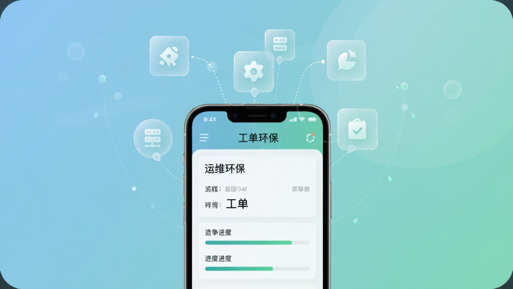 一张表现“运维环保通”工单流转功能的场景图,画面中手机屏幕显示工单详情与进度条,屏幕上方悬浮若干半透明的流程节点图标,背景为柔和的蓝绿色渐变,整体风格偏科技感但保持简洁,排版居中,画质清晰,无多余装饰元素