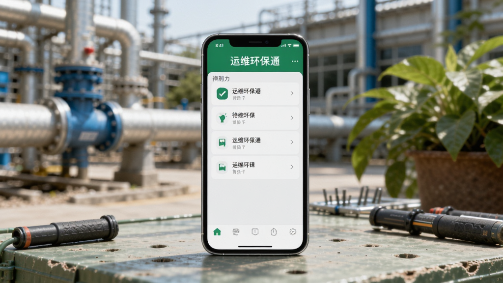 一部手机放置在户外工作台上,屏幕显示“运维环保通”待办事项列表,背景为模糊的厂区管道与绿植,画面光线为自然日光,风格写实,构图以手机为焦点,画质清晰,整体干净利落