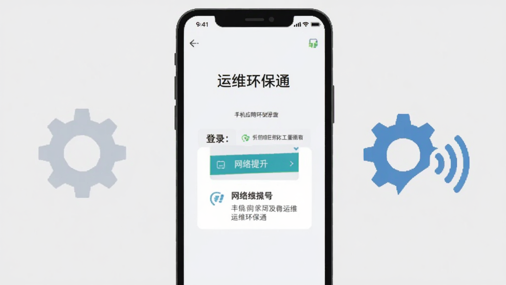 一张手机应用故障排查示意图,画面中手机屏幕显示“运维环保通”登录页与网络提示弹窗,旁边配有简单的齿轮与信号图标,背景为浅灰纯色,风格扁平简洁,构图居中,画质清晰,无多余元素