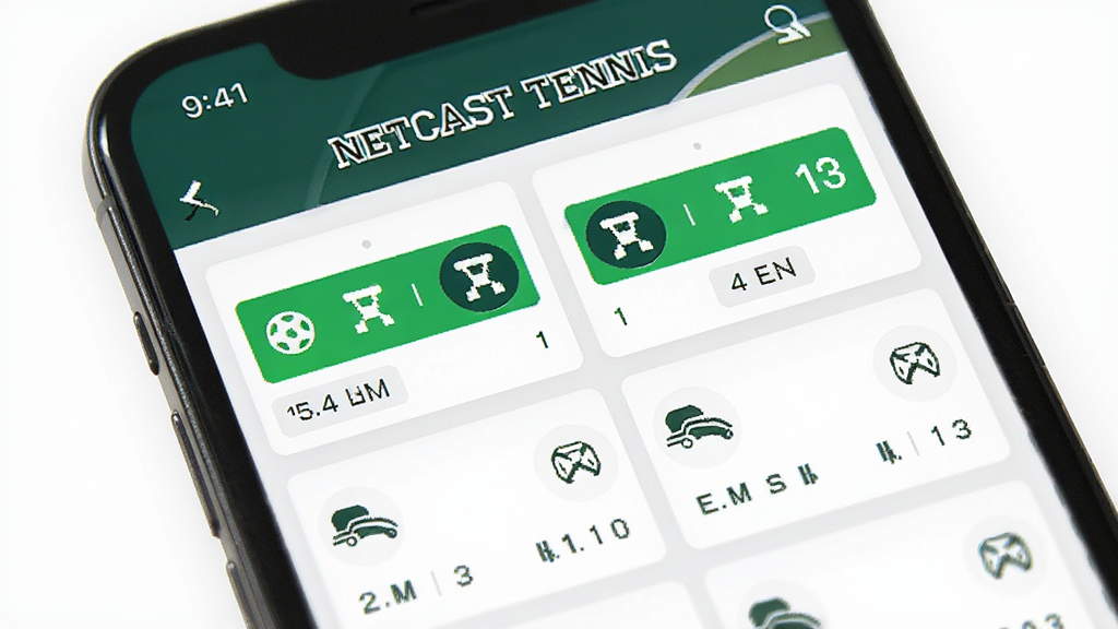 ����Ϊ�ֻ���Ļ��д����Ļ��չʾNetcast Tennis�ıȷ��б�ҳ�棬����Ϊ���½ṹ���Ϸ�Ϊ���±����·�Ϊ�ೡ�ȷֿ�Ƭ���Ű����룬���Ϊ��ˬ�˶��磬ϸ�ڰ�����ɫ�����ȷ֡�����ͼ�ꡢʱ���ǩ�����ʸ��塢�ɾ����޶���Ԫ��