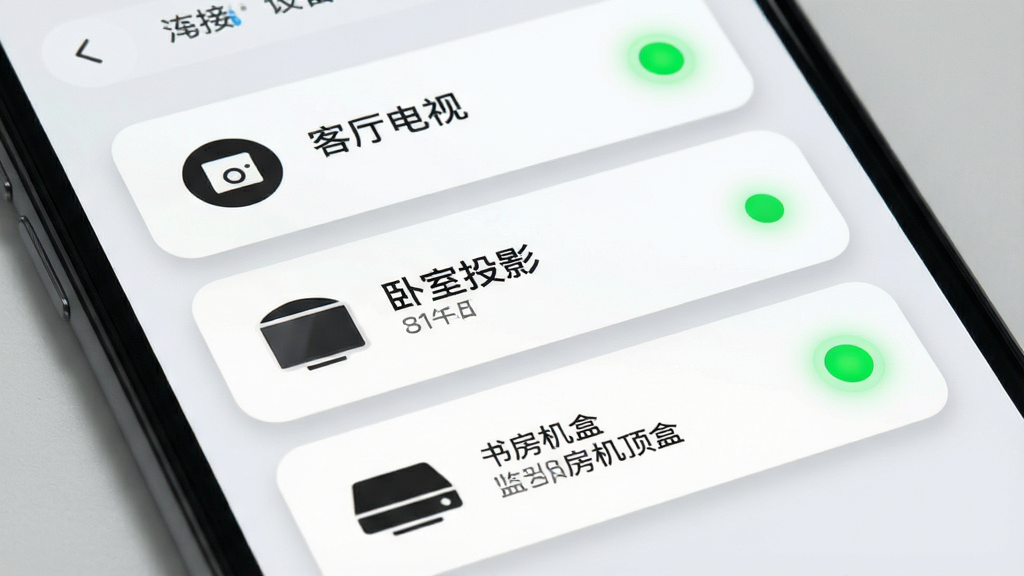 手机屏幕展示蓝牙遥控器的设备管理页面,卡片式布局排列着三台设备,分别标注