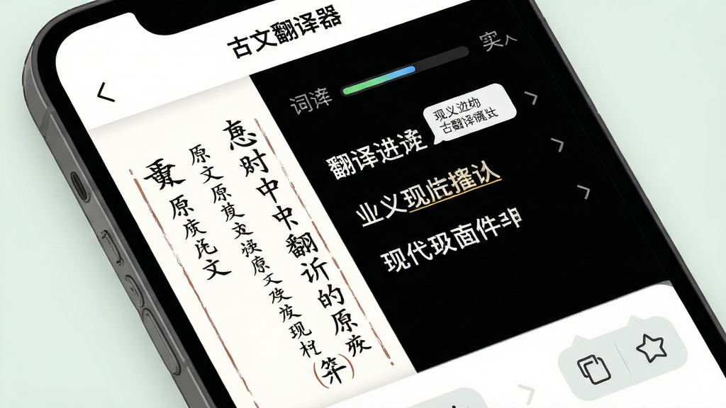 画面主体为“古文翻译器”软件界面特写,屏幕中央展示一段文言文被自动拆解为现代汉语的对照列表,左侧原文用楷体竖排显示,右侧译文用黑体横排显示;布局为居中对角线构图;风格为清爽的移动端UI展示插画;细节包含翻译进度条、词义标注气泡、复制与收藏按钮图标;画质高清,界面干净,无多余装饰元素