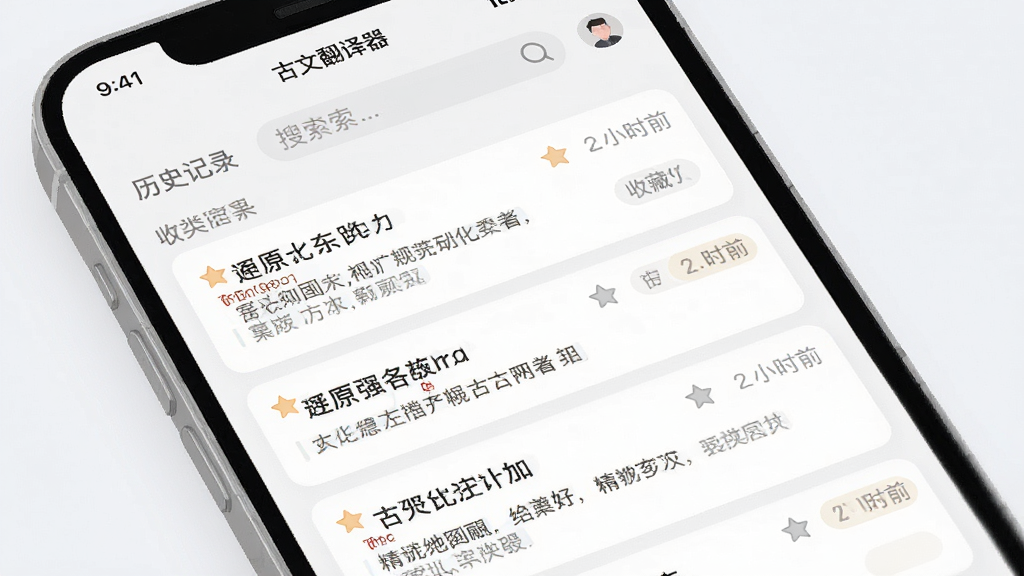 画面主体为“古文翻译器”手机界面中的历史记录与收藏夹页面,屏幕上排列着多条古文翻译记录卡片,每张卡片显示原文摘要与译文片段,顶部有搜索框;布局为上下分层的信息流排版;风格为简约现代的移动应用界面插画;细节包含收藏星标、时间戳、分类标签等图标元素;画质清晰,配色柔和,画面干净无杂乱