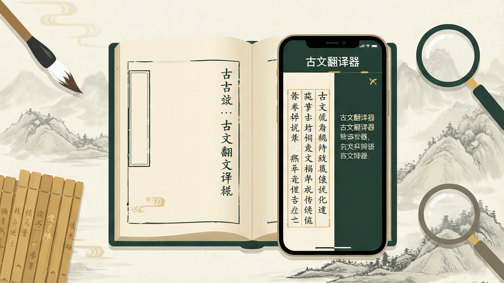 画面主体为一本翻开的古籍书册与一部智能手机并排放置,手机屏幕显示“古文翻译器”的对话式翻译界面,左侧为竖排文言文右侧为横排白话文;布局采用左右对比构图,背景为淡雅的水墨山水纹理;风格为现代科技与传统文化融合的扁平插画风;细节包含毛笔、竹简、放大镜等元素点缀,色调以米白、墨绿、浅金为主;画质清晰锐利,画面干净整洁,无多余杂乱元素