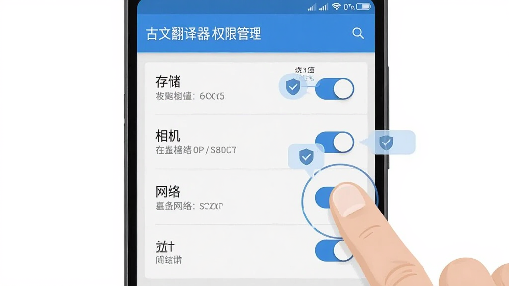 画面主体为一部安卓手机屏幕特写,显示“古文翻译器”的权限管理设置页面,列表中包含存储、相机、网络等权限开关,旁边有手指点击操作的示意;布局为手机界面居中展示,四周留白;风格为简洁的科技说明插画;细节包含权限开关滑块、提示气泡、盾牌安全图标;画质清晰,配色以蓝白灰为主,画面干净无多余元素