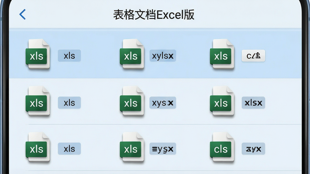 一部安卓手机屏幕显示“表格文档Excel版”界面,画面中央是文件列表,每个文件图标旁标注着xls、xlsx、csv等格式标签,背景为淡蓝色渐变,风格简洁科技感,细节包括文件图标带有立体阴影、列表排列整齐,画质高清,干净无多余元素