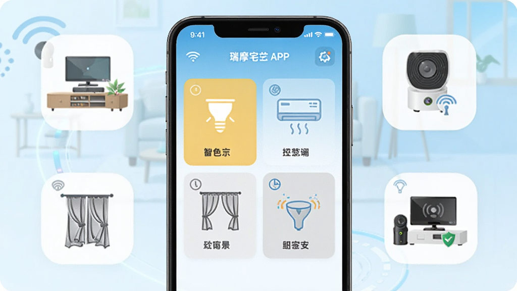 画面中央放置一部智能手机,手机屏幕显示瑞摩宅兹APP的智能家居控制界面,界面中包含灯光、空调、窗帘、安防等设备卡片,手机周围环绕着客厅场景中的智能设备图标,整体采用浅蓝与白色渐变背景,扁平化科技风格,细节清晰,画质干净,无多余元素