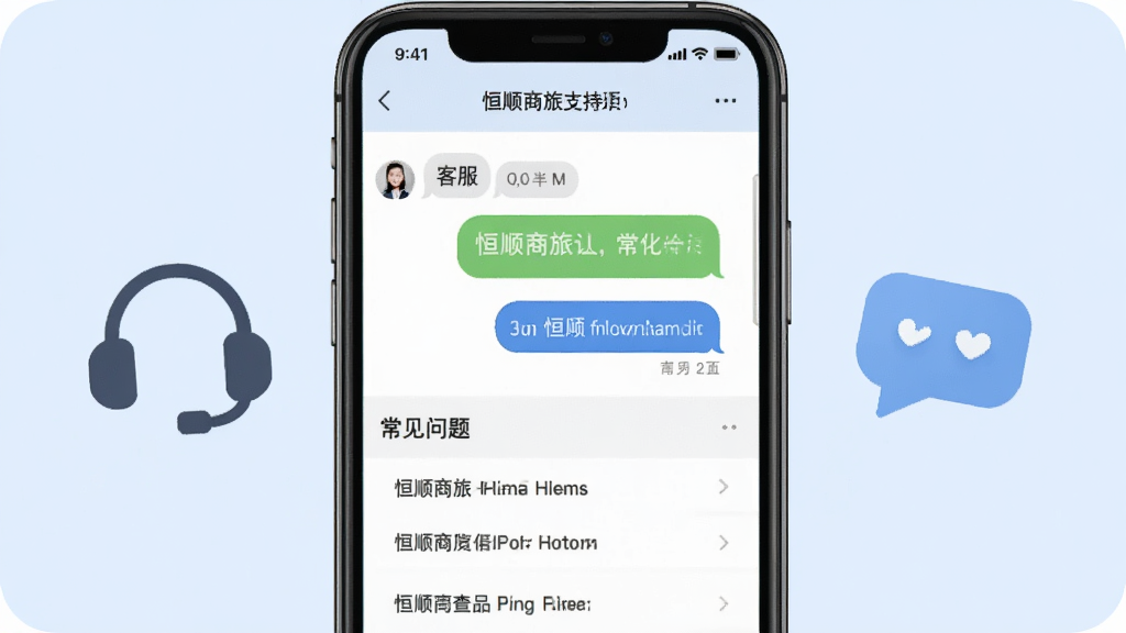 恒顺商旅客服支持页面示意图,手机屏幕显示客服对话窗口与常见问题列表,旁边有耳机与对话气泡图标,背景为柔和浅蓝,风格简洁友好,画质干净,无多余元素