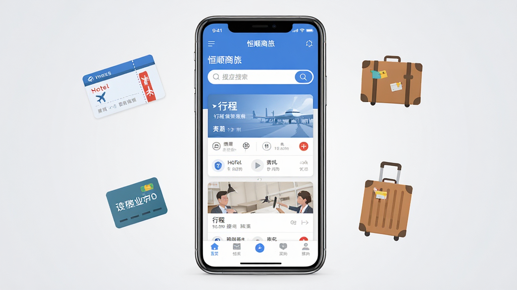 一张展示恒顺商旅手机应用界面的场景图,画面中央是一部竖屏智能手机,屏幕内呈现蓝色调商旅预订首页,包含酒店搜索框、行程卡片与底部导航栏,手机两侧漂浮着机票、酒店房卡、行李箱等扁平化图标,背景为浅灰渐变,整体风格简洁商务,细节清晰,画质干净,无多余元素