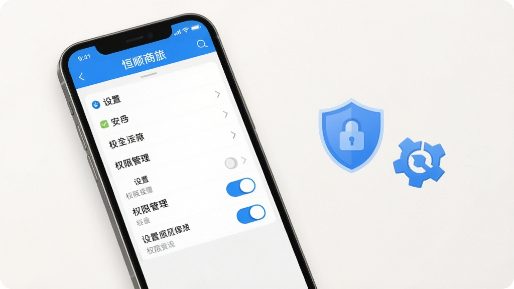 一部手机屏幕显示恒顺商旅应用设置页面与权限管理界面,旁边有盾牌与齿轮图标,背景为浅色简洁风格,突出安全设置与权限开关,画质清晰,干净无多余元素