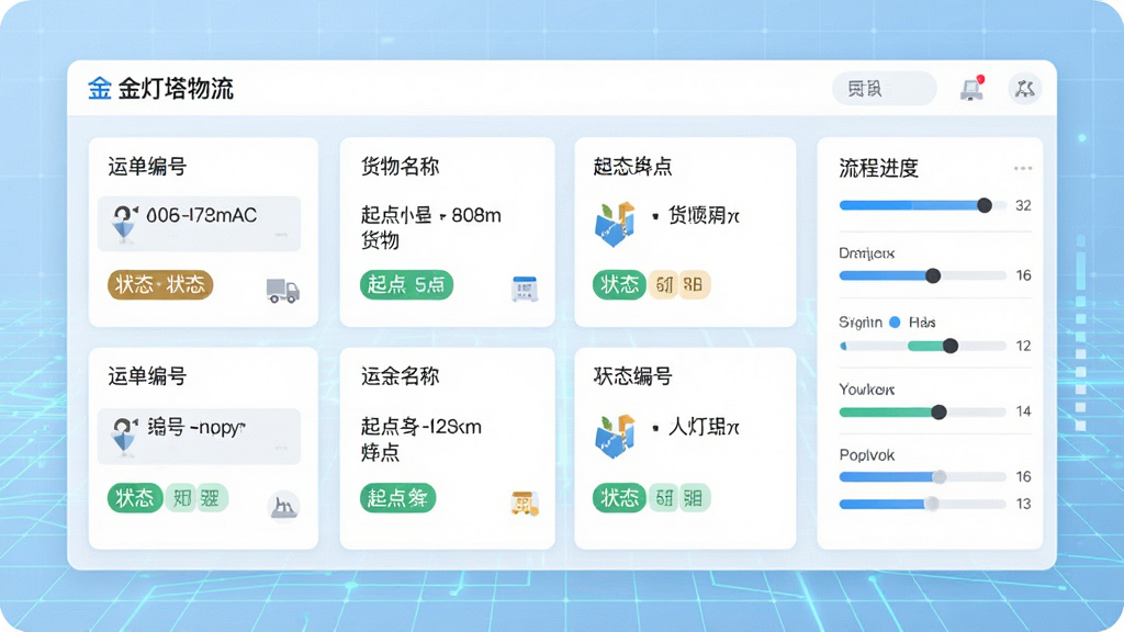 画面主体为“金灯塔物流”运单管理界面,采用卡片式布局,每张卡片展示运单编号、货物名称、起点终点与状态标签,界面右侧有流程进度条;背景为浅蓝色科技感网格,风格简洁明快,细节清晰,画质干净,无多余元素