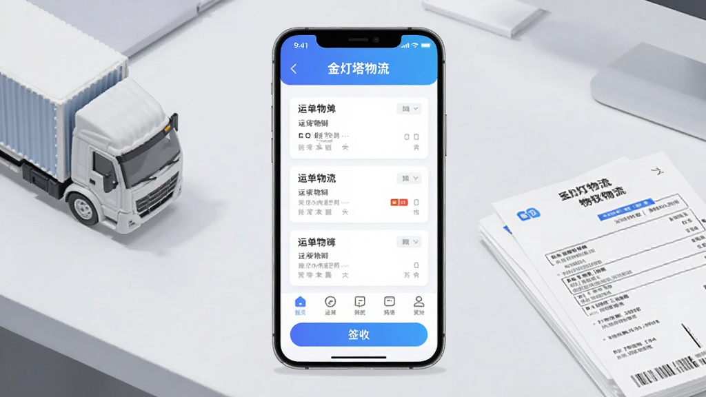 画面主体为一部竖屏智能手机,屏幕中央展示“金灯塔物流”应用主界面,界面上方是蓝色渐变标题栏,中间为运单列表卡片,下方有导航与签收按钮;手机放置在浅灰色办公桌面上,旁边摆放小型货车模型与纸质运单;整体采用简洁商务插画风格,蓝白配色,细节清晰,画质干净,无多余元素,适合软件下载站展示