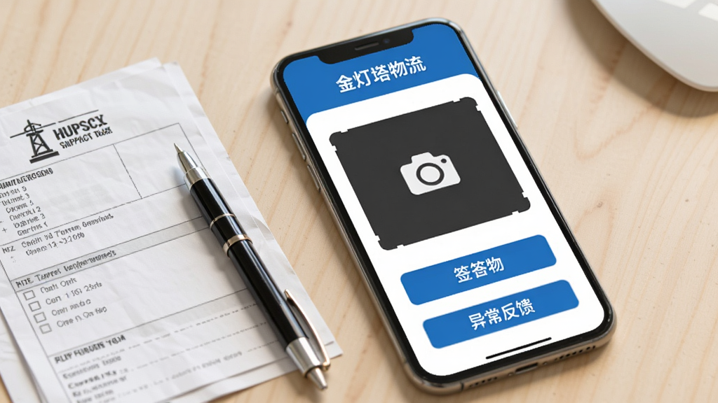画面主体为“金灯塔物流”签收确认页面,手机屏幕显示签收按钮、拍照上传区域与异常反馈入口,界面采用蓝色主色调,按钮醒目;手机旁有签字笔与货运单据,背景为浅色桌面,风格写实简洁,画质干净,无多余元素