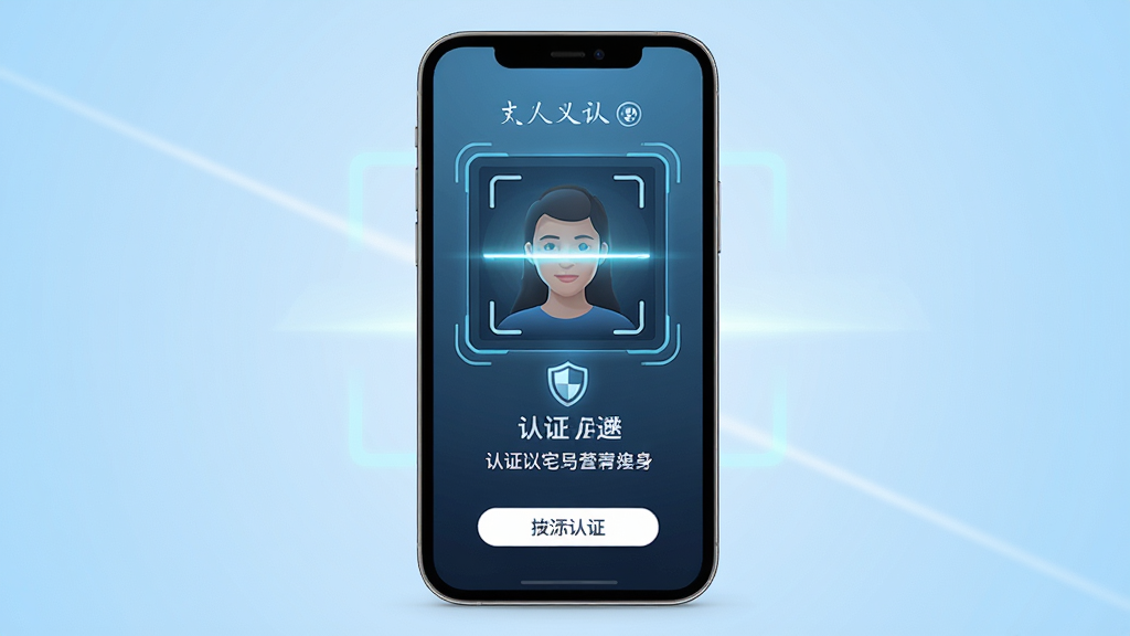 主体为手机屏幕显示人脸识别认证界面,背景为浅蓝色渐变,布局为居中构图,排版突出认证框与提示文字,风格为科技安全风,细节包括扫描光线、盾牌图标、简洁按钮,画质清晰,画面干净,无多余元素