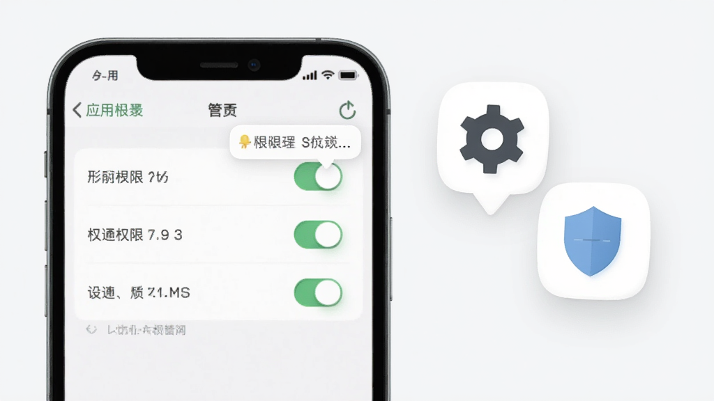 主体为手机屏幕显示应用设置与权限管理界面,旁边有齿轮图标与盾牌图标悬浮,布局为左右分栏构图,排版层次分明,风格为简洁工具风,细节包括开关按钮、提示气泡、浅色背景,画质清晰,画面干净,无多余元素
