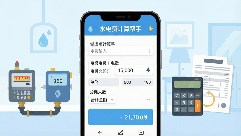 一张展示手机应用界面的产品示意图,画面中央是一部竖屏智能手机,屏幕上显示“水电费计算帮手”应用主界面,界面包含水费输入框、电费输入框、单价栏、分摊人数选择与合计金额展示区,背景为浅蓝与白色渐变的居家生活场景,左侧摆放电表与水表插画,右侧有计算器与账单纸张元素,整体布局左右对称、主体突出,风格为清新扁平化UI插画,细节包括数字键盘图标、水滴与闪电小图标,画质高清、画面干净、无多余元素
