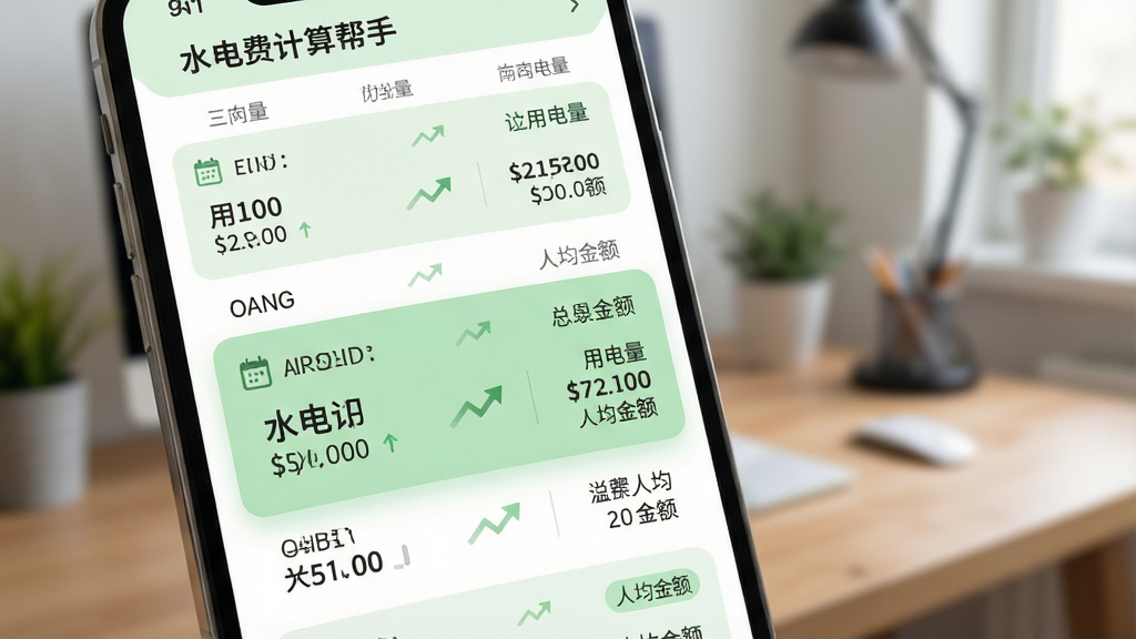 一张展示“水电费计算帮手”历史记录功能的场景图,画面主体为手机屏幕特写,屏幕上排列着按月分组的水电费记录卡片,每张卡片显示月份、用水量、用电量、总金额与人均金额,卡片采用浅绿色与白色配色,背景为虚化的室内书桌环境,布局为纵向列表、重点突出最近一个月记录,风格为清爽移动端UI展示,细节包含日历小图标、趋势箭头与筛选标签,画质高清、画面干净、无多余元素