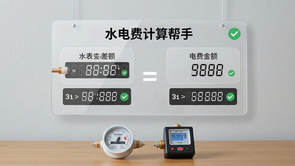 一张以“水电费计算帮手”为主题的AI生图,画面主体为一块悬浮的透明计算面板,面板左侧显示水表读数差值与水费金额,右侧显示电表读数差值与电费金额,中间以等号连接至合计总额,背景为浅灰色居家墙面与木质桌面,面板下方摆放迷你水表与电表模型,布局上下分层、信息读取顺序从左到右,风格为现代简约信息图,细节包含刻度盘、数字滚动效果与对勾确认图标,画质清晰、画面干净、无多余元素