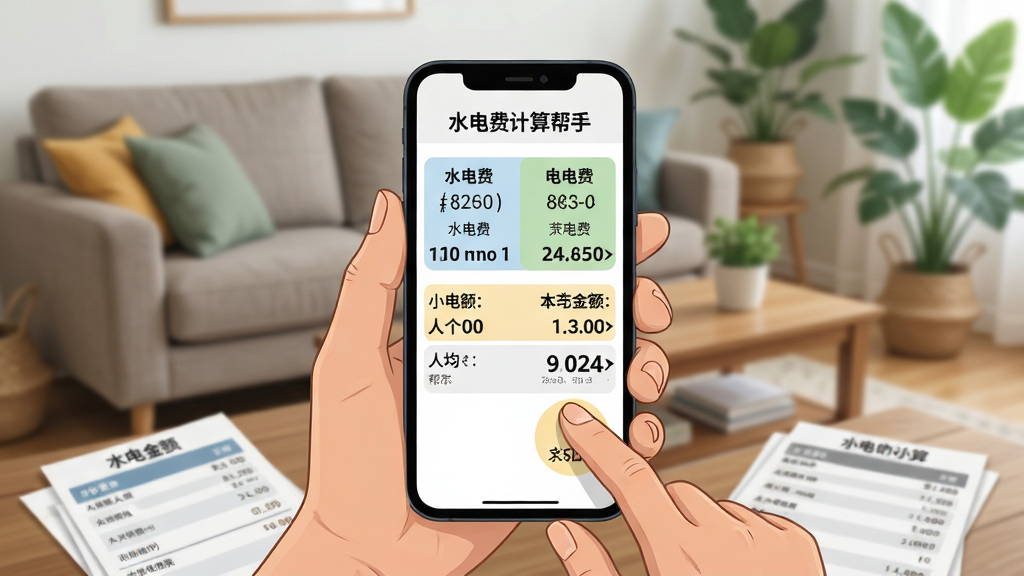 一张以“水电费计算帮手”使用场景为主题的AI生图,画面主体为一只手拿手机查看计算结果的特写,手机屏幕显示水费与电费分项明细及人均金额,背景为合租公寓客厅的虚化场景,包含沙发、茶几与绿植元素,布局以手机为视觉中心、背景左右延展,风格为生活化摄影插画混合风,细节包含屏幕上的数字高亮、手指点击动作与桌面上的纸质账单,画质清晰、画面干净、无多余元素