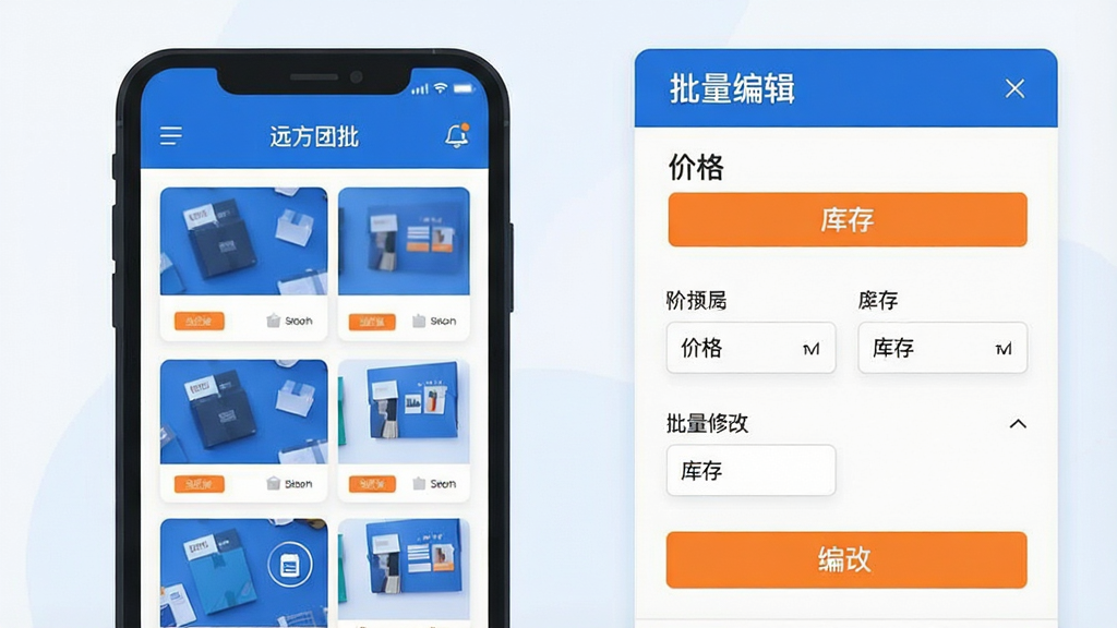 һ�ű�ƽ���廭���Ľ���ʾ��ͼ���������Ϊ�ֻ���Ļ�е���Ʒ�б�ҳ�棬�����Ʒ��Ƭ�������У��Ҳ�Ϊ�����༭��壬չʾ�۸�����������޸�ѡ�������ɫ������Ϊ������׺������ɫǿ����ť����ͼ���ҷ��������������ϸ�ڸɾ����䣬�����г������֡�Զ�������������������������ұ���Ԫ��