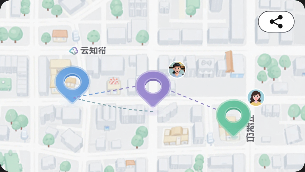 画面主体为城市街区俯视地图,地图上有三个不同颜色的圆形位置标记并通过虚线相连,标记旁配有小头像图标;布局上地图占据画面主要区域,右上角放置一个简约的分享按钮图标;风格为现代扁平化UI插画,色调清爽明亮,细节简洁,画质高清,画面中可出现