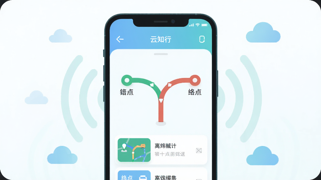 画面主体为手机屏幕内显示两条不同颜色的备选路线分叉图,起点与终点分别用绿色和红色圆点标注,屏幕下方有路线卡片列表;布局上手机居中,周围环绕淡淡的信号波纹与云朵图标象征离线缓存;风格为清爽扁平插画,蓝绿配色,细节干净,画质清晰,画面中可出现