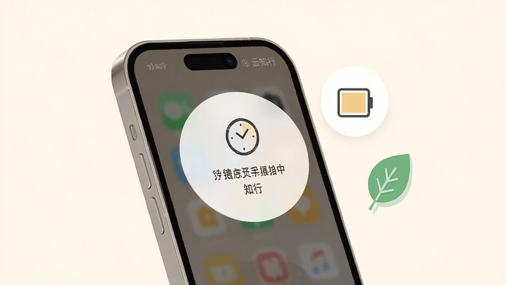 画面主体为一部手机屏幕弹出圆形提醒通知卡片,卡片上有钟表图标与简短文字,手机旁漂浮一个电量图标与一片绿叶符号;布局上手机居中偏左,元素疏朗;风格为轻拟物扁平风,色调温和,细节干净,画质高清,画面中可出现