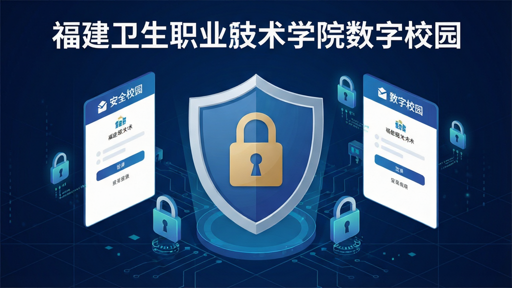 一张安全认证主题插图,画面中央为盾牌与锁形图标,周围环绕“福建卫生职业技术学院数字校园”应用的登录界面元素与数据加密符号,背景为深蓝色科技感网格,风格稳重专业,细节清晰,画质高清,干净无多余元素