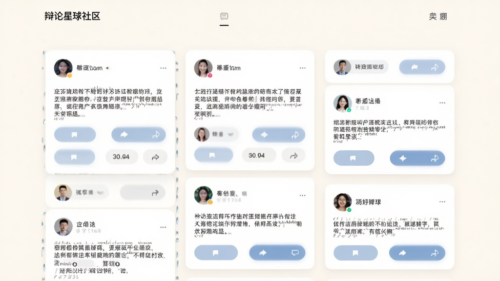 辩论星球社区页面,展示多张观点卡片瀑布流布局,每张卡片包含用户头像、文字摘要和互动按钮,背景为柔和的米白色,风格简约舒适,画质清晰,干净无多余元素