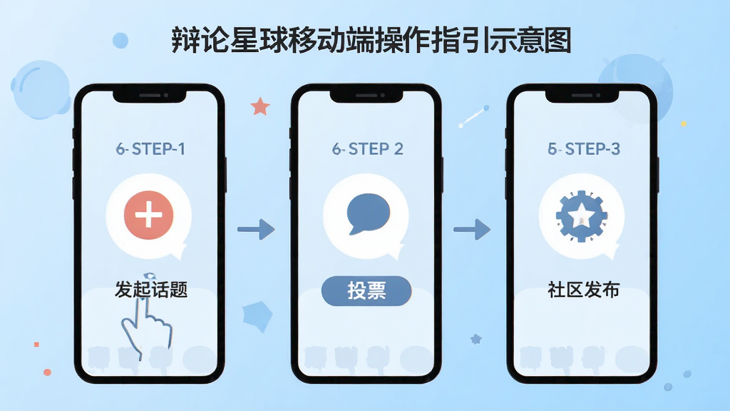 辩论星球移动端操作指引示意图,画面展示手机屏幕分步操作流程,包含点击加号发起话题、投票按钮、社区发布入口三个步骤图标,背景为浅蓝色渐变,风格扁平化教程插画,画质清晰,干净无多余元素