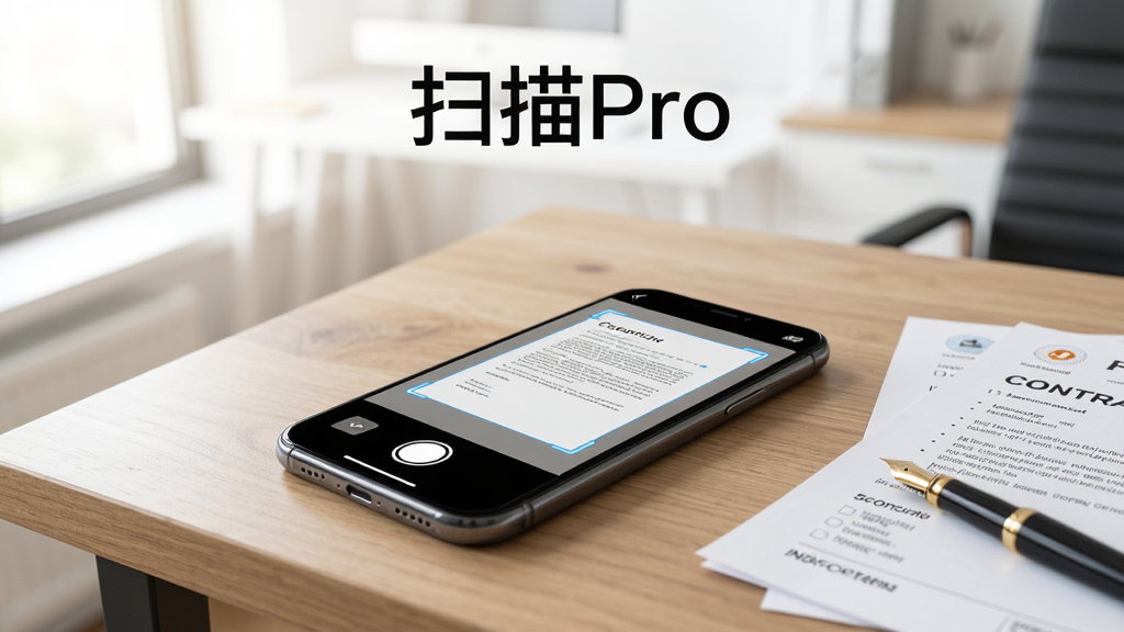 画面中央是一部智能手机,手机屏幕显示扫描Pro的拍摄界面,界面中有文档边框识别线,手机平放在木质办公桌面上,旁边散落着纸质合同、发票和一支钢笔,背景是整洁的办公环境,柔和自然光从左侧照入,整体风格为写实产品摄影风,细节清晰,画质干净,无多余元素,图片上方留白处写有