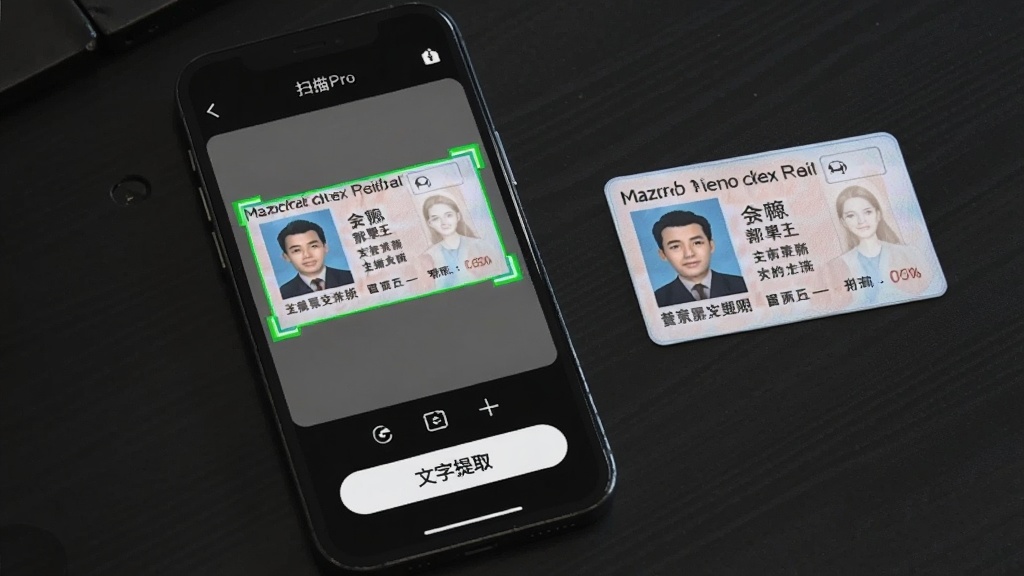 手机屏幕显示扫描Pro的证件扫描模式,界面中一张身份证被绿色边框精准框选,下方显示