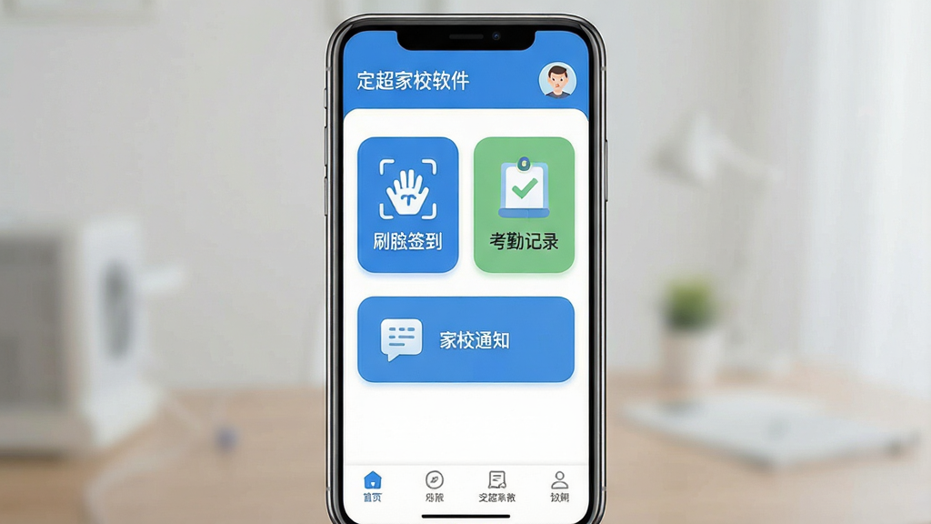 一张展示定超家校软件主界面的手机屏幕效果图,画面中央是一部竖屏智能手机,屏幕上显示定超家校APP的首页布局,顶部为学校名称与用户头像,中部为刷脸签到、考勤记录、家校通知三个大图标按钮,底部为导航栏,整体采用蓝白配色,界面干净整洁,风格为扁平化UI设计,细节包含圆角图标与清晰文字标签,画质清晰,干净,无多余元素