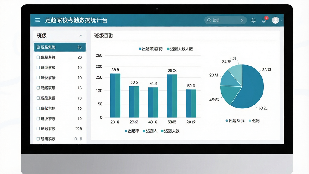 一张展示定超家校考勤数据统计后台的界面图,画面为电脑屏幕上的数据看板,左侧为班级列表,右侧为柱状图与饼图展示出勤率与迟到人数,图表配色为蓝绿色系,界面风格为简洁商务风,细节包含数据标签与图例说明,画质清晰,干净,无多余元素