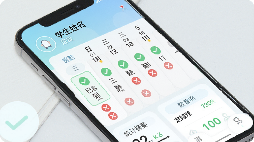 一张展示定超家校APP在手机上查看考勤记录页面的效果图,画面为竖屏手机界面,顶部显示学生姓名与班级,中部为日历式考勤状态列表,绿色对勾表示已签到,红色叉号表示缺勤,底部为统计摘要,整体配色清新浅色,风格为移动端UI设计,细节包含日期标签与状态图标,画质清晰,干净,无多余元素