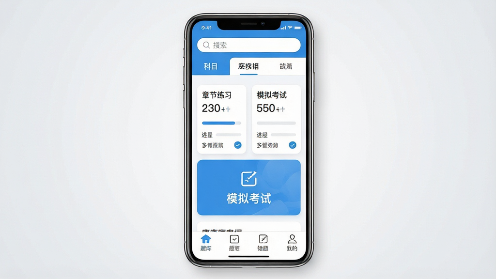 一张竖版手机应用界面展示图,主体是一部居中摆放的智能手机,屏幕内呈现康复医学治疗技术牛题库的首页布局,顶部为搜索栏与科目切换标签,中部为章节练习卡片与模拟考试入口,底部为题库、错题、我的四个导航图标;布局采用上下分层、左右留白的简洁排版;风格为清爽的医疗蓝白配色扁平化UI设计;细节包括卡片圆角、进度条、题量数字与勾选状态图标;画质清晰锐利,画面干净无多余元素,背景为浅灰渐变
