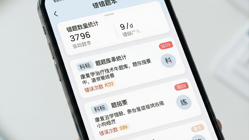 一张手机屏幕特写图,画面中央为康复医学治疗技术牛题库的错题本页面,顶部显示错题数量统计,列表内每条错题带有科目标签、题干摘要与错误次数标记;布局为纵向列表、顶部统计卡片;风格为柔和浅色系卡片式设计;细节包括红色错误次数角标、灰色分割线、圆形重练按钮;画质高清,画面干净,无多余装饰元素