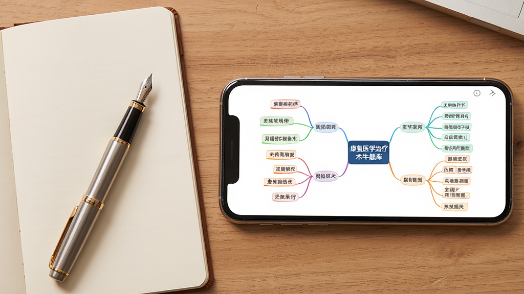 一张横向构图的学习场景图,画面左侧为摊开的笔记本与钢笔,右侧为一部横放手机,手机屏幕显示康复医学治疗技术牛题库的思维导图页面,节点以中心主题向外发散;布局为左右并列、桌面俯视视角;风格为温暖木质桌面写实风;细节包括导图分支线条、节点文字框、手机边框反光;画质细腻,画面干净整洁,无杂乱物品