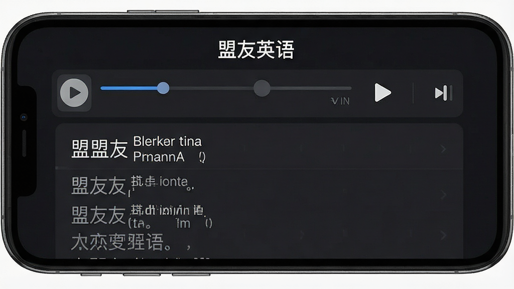 盟友英语听力播放界面,手机屏幕显示音频播放条和原文列表,播放条上有语速调节滑块,背景为深色模式,文字“盟友英语”位于顶部,风格沉稳,画质干净,无多余元素