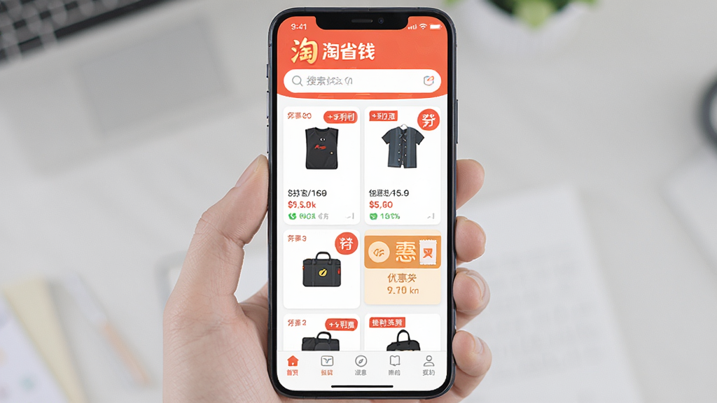 �ֻ���Ļ����չʾ����ʡǮ��Ӧ�������棬�����������в�Ϊ��Ʒ�б���Ƭ���Ż�ȯ��ǩ���ײ����������������岼�ּ�����죬���Ϊ��ƽ���ִ�UI��ƣ�ϸ�ڰ����������Ǳ����ɫ������ǩ�������������ɾ����޶���Ԫ��