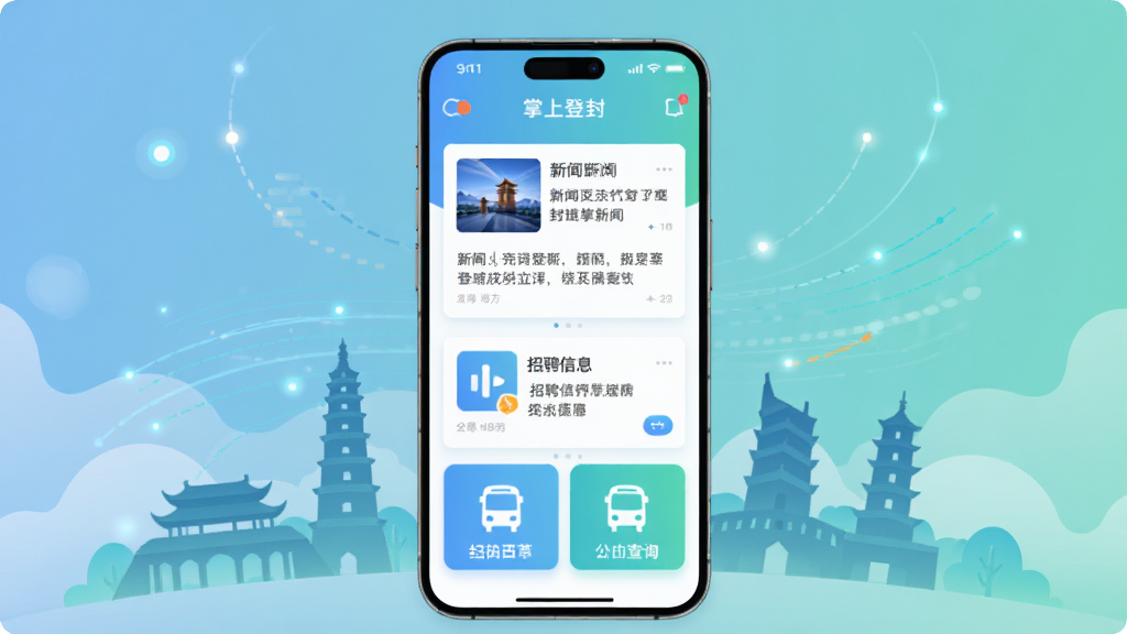 ��������Ϊһ�����������ֻ�����Ļ����չʾ���ϵǷ�Ӧ�������棬����������Ѷ��Ƭ����Ƹ��Ϣ���빫����ѯͼ�꣬�ֻ���Χ���ƵǷ���еر��Ӱ�����������������ֲ��þ��жԳƹ�ͼ���Ű�����ͻ���ֻ���Ļ���ݣ����Ϊ�ִ��Ƽ���ƽ���廭��ϸ�ڰ�����͵�����ɫ���䱳�������Ĺ���ͼ����΢��Ч��׺�����ʸ���ɾ����޶���װ��Ԫ��