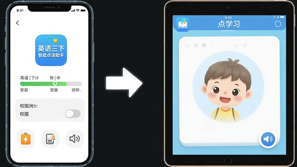 ��������Ϊһ���ֻ���һ̨ƽ�岢��չʾ����Ļ�Ϸֱ���ʾ��װ�������͵��ѧϰ���棬����Ϊ���Ҳ��С��м��м�ͷ���ӣ��Ű�ͻ����װ��ʹ�����̣����Ϊ���������Ʒ˵���廭��ϸ�ڰ�����Ӣ���������ܵ�����֡�ͼ�ꡢȨ�޿��ء�����ͼ����������ţ����������ɾ����޶���װ��