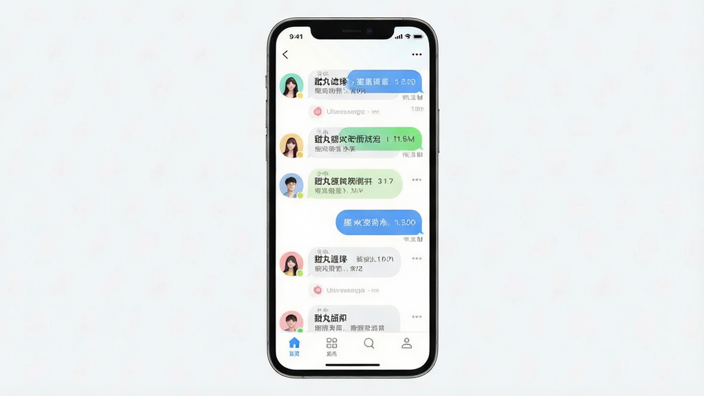 一张展示甜丸软件主界面的手机屏幕效果图,画面中央是清爽的聊天列表与底部导航栏,整体布局简洁明快,风格现代年轻化,细节上突出头像与消息气泡,画质清晰干净,无多余元素