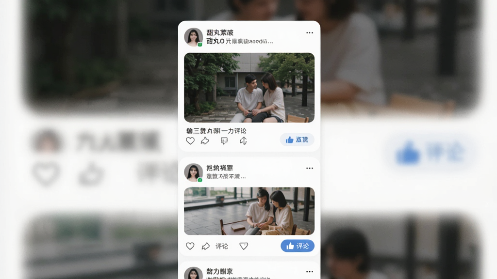 一张甜丸动态广场页面的效果图,画面主体是信息流卡片列表,布局为单列滚动,排版包含头像、文字与配图,风格清爽社交化,细节展示点赞评论按钮,画质干净整洁,无多余元素