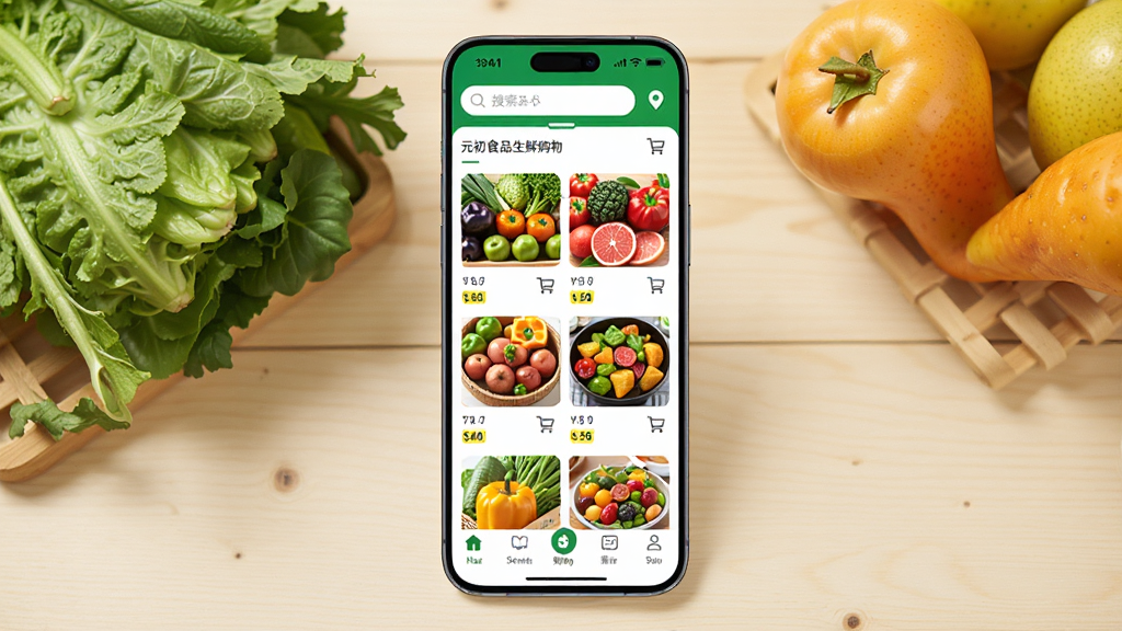 ������һ�����������ֻ����棬��Ļ��չʾԪ��ʳƷ���ʹ���Ӧ�õ���ҳ���֣�����Ϊ���������ŵ궨λ�����в�Ϊ�߹�������Ʒ������У��ײ�Ϊ�����˵������ֻ��Ա߰ڷ��������߲���ˮ����Ϊװ�Σ�����Ϊǳɫľ�����棬���Ϊ������������ҵ��Ʒչʾ�磬ϸ�ڰ�����Ʒ�۸��ǩ�빺�ﳵͼ�꣬���������ɾ����޶���Ԫ��