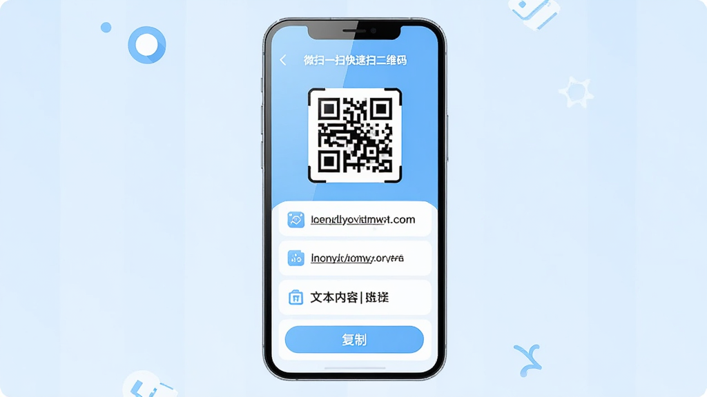 �����������ֻ���Ļչʾɨ����ҳ�棬�Ϸ���ʾ��ά��ͼ�Σ��·��г���ַ���ӡ��ı����ݡ����ư�ť�ȷ�����Ŀ������Ϊ���½ṹ���ֻ����У����Ϊ���±�ƽUI�廭��ǳ�����ɫ���䣻ϸ�ڰ���ͼ�껯�Ľ�������ʶ�������İ�ťԲ�ǡ���Ļ����Ч�������ʸ��壬����ɾ����޶���Ԫ�أ�ͼƬ������Ϊ��΢ɨһɨ����ɨ��ά�롱��