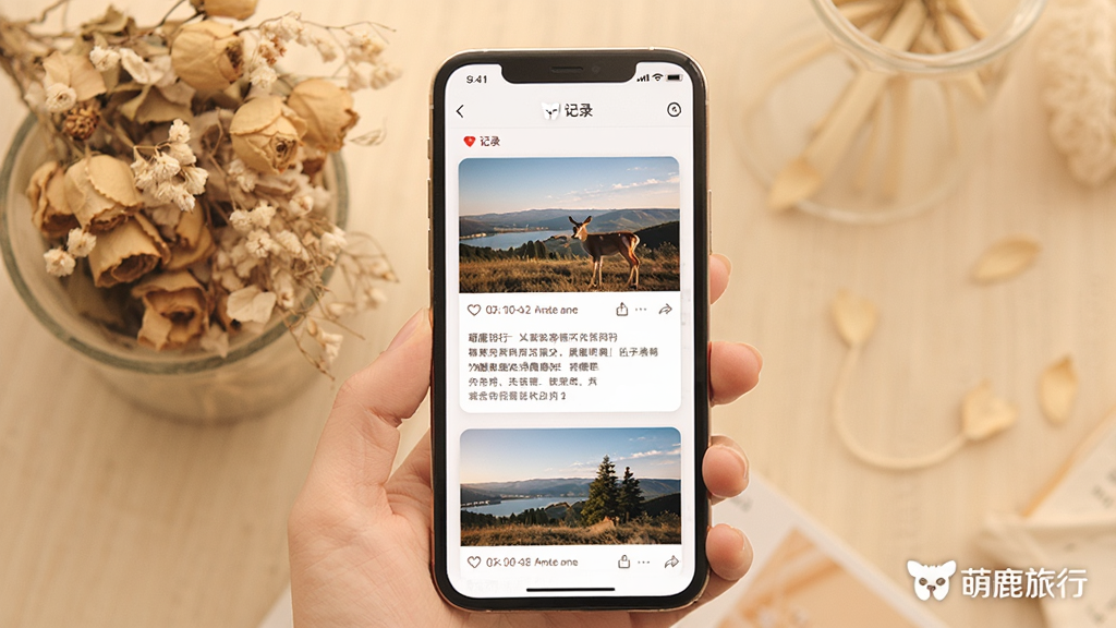 ��������Ϊ��¹������������;��¼���棬�ֻ���Ļ��ʾͼ�Ļ��ŵ������ռǿ�Ƭ����Ƭ�����羰����ͼ����������������Ϊ�ֻ�����չʾ���У�����Ϊ���ůɫ��������ɻ�װ�Σ����Ϊ��ܰ����磬ϸ����ͻ����¼ʱ����롰��¹���С�ˮӡ��ʶ������ϸ��ɾ���������Ԫ��